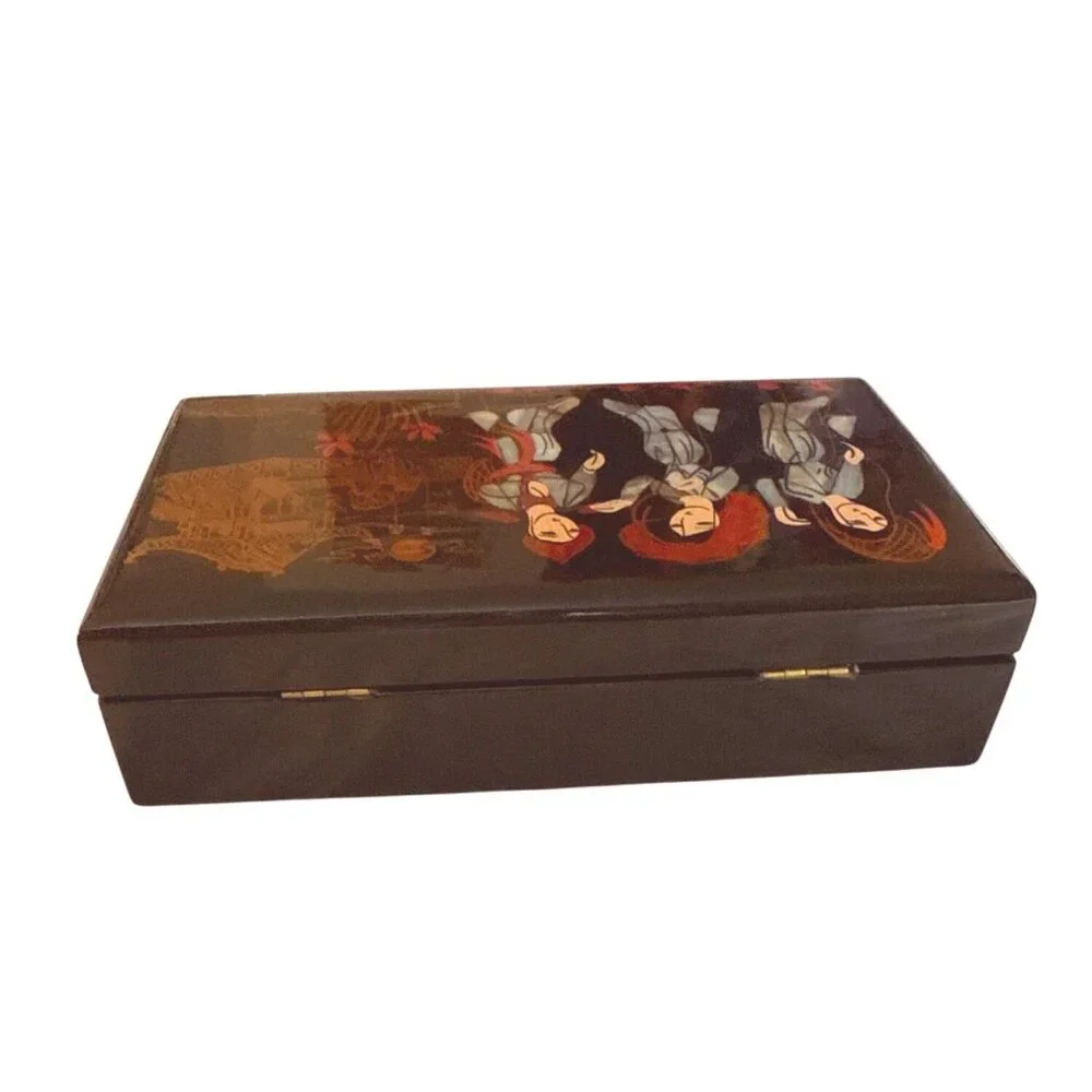 Japanese Black Lacquer Jewelry Box With Mother Of Pearl Inlay & Red Velvet Inter